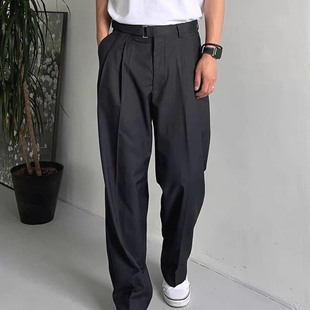 法式巴黎扣工装西裤男宽松直筒长裤腰带设计感廓尔格休闲西装裤潮