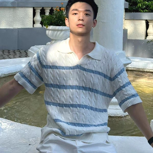 翻领卫衣叠v领冰丝线衣马球衫 麻花扭绳针织polo衫 短袖 男美式 修身