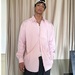欧美粉色条纹衬衫男闷骚洋气宽松长袖开衫多巴胺穿搭休闲工装衬衣