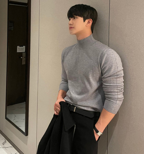 美式硬汉半高领毛衣男修身长袖针织衫纯色内搭打底衫中领t恤线衣