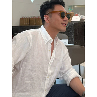 天丝亚麻衬衫男薄款透气修身长袖防晒开衫松弛感休闲工装棉麻衬衣