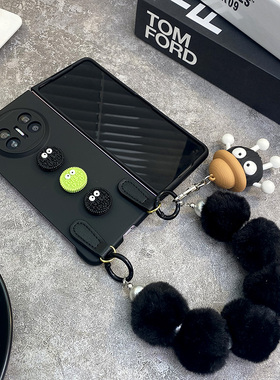 黑色小煤球立体公仔适用华为mateX5手机壳X5珠链条X3毛绒毛球X2典藏版保护壳荣耀magic vs折叠屏vs2斜挎挂绳