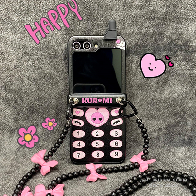 趣味少女卡通库洛米大哥大适用三星zflip3高级感小众zflip5手机壳背带zflip4折叠屏zflip6皮质保护壳斜挎挂绳