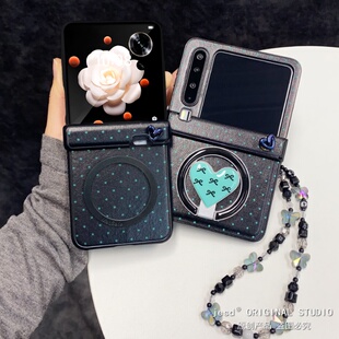 韩系蓝色波点蝴蝶结磁吸支架适用三星zflip765折叠屏purax手机壳pocket2保护套n3flip小米Mixflip2荣耀vflip2