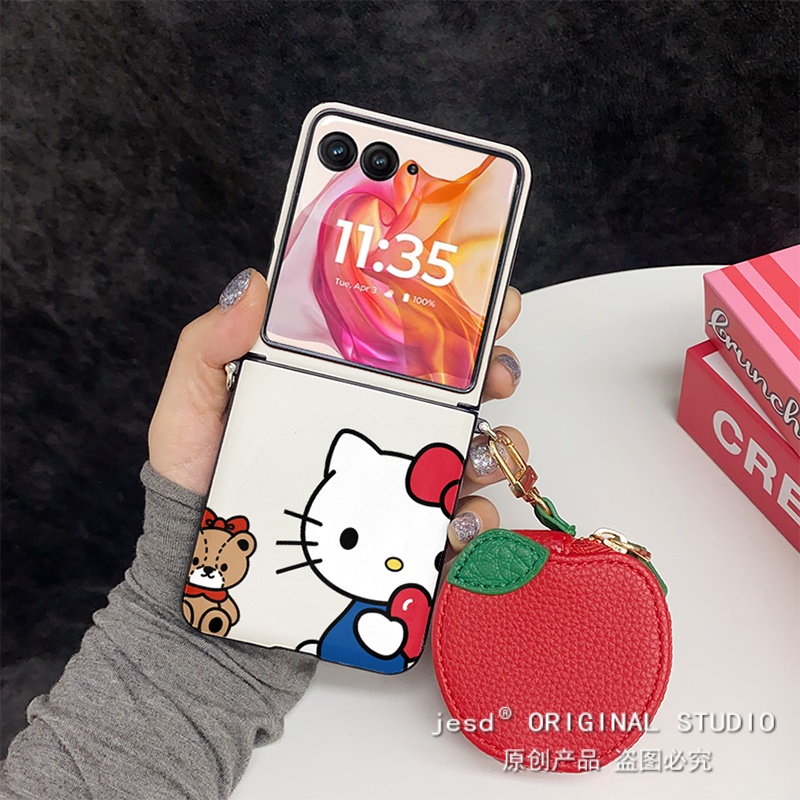 可爱hellokitty猫耳机零钱包适用摩托罗拉Razr 60手机壳折叠屏moto razr50ultra背带挂绳保护套铰链全包防摔