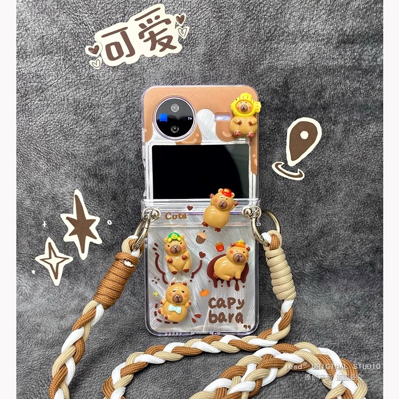 日韩可爱立体卡皮巴拉公仔适用vivoxflip手机壳小众新款羽纱vivo xflip小折叠屏保护壳铰链全包防摔透明硬壳