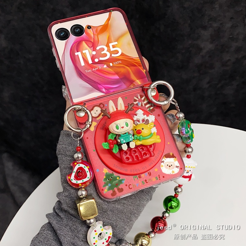 圣诞节麋鹿小怪兽磁吸支架适用摩托罗拉Razr60手机壳折叠屏moto razr50ultra背带挂绳保护套可爱泼墨斜挎新款
