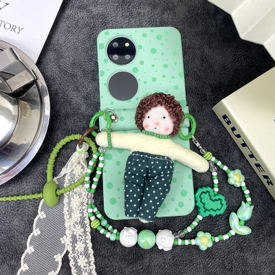 韩国小清新波点可爱卷毛娃娃支架适用华为p50pocket手机壳新款珠链条pocket2高级感pockets宝盒折叠屏保护壳