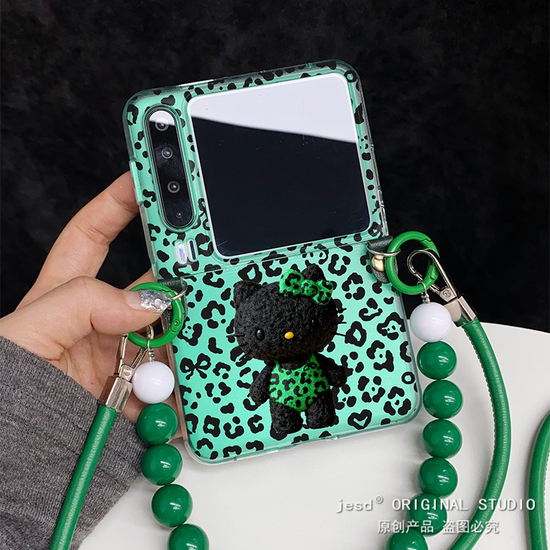 甜酷黑色豹纹可爱kitty毛绒公仔适用荣耀MagicVFlip2手机壳新款PuraX典藏版保护套华为Pocket2折叠屏novaFlip