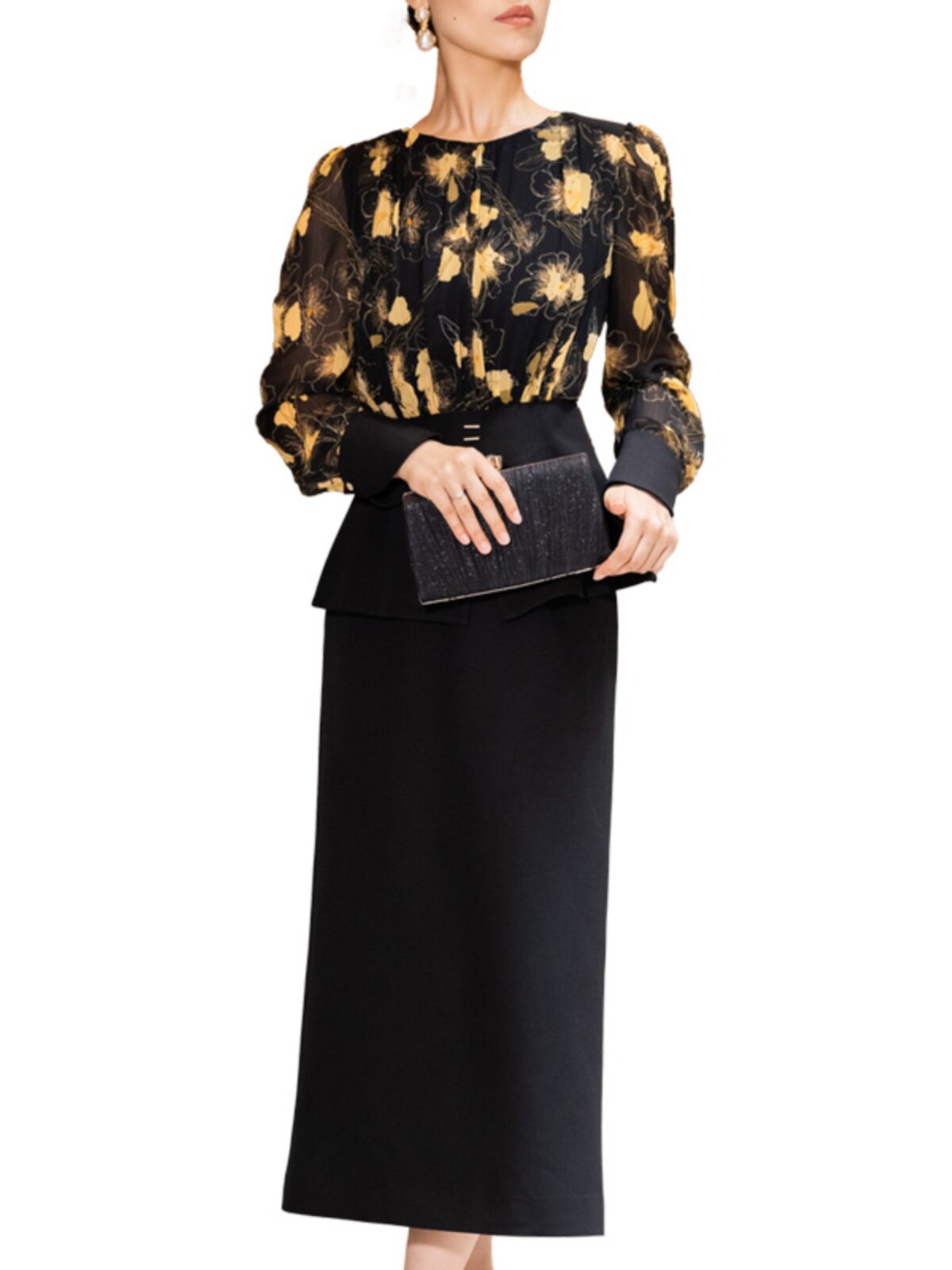 BLACK PRINTED SUIT WOMENS AUTUMN 2023 NEW TEMPERAMENT ELEGANT LONG SLEEVE SLIM SKIRT TWO-PIECE SET