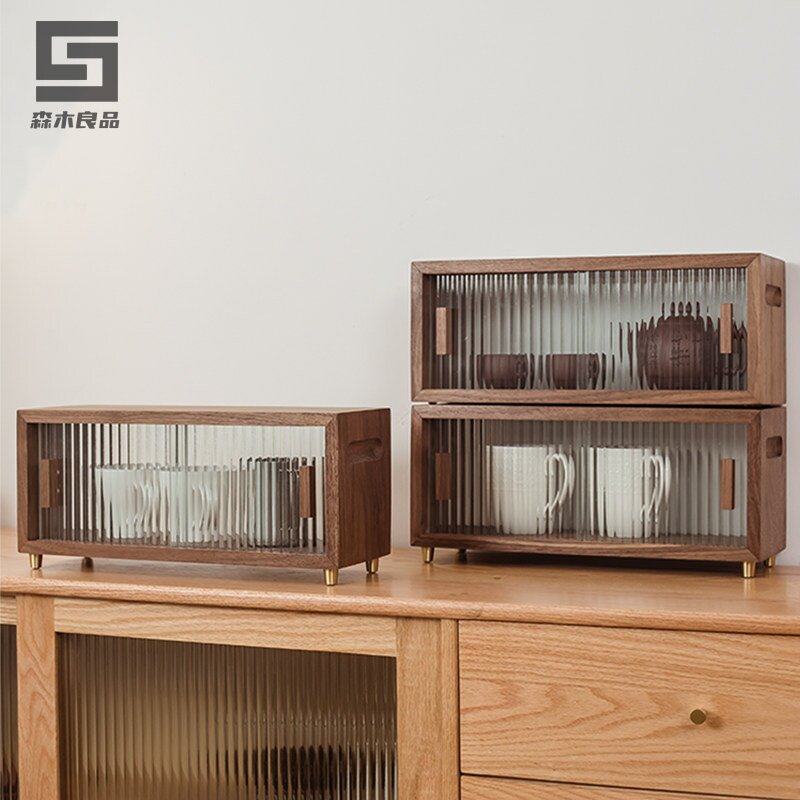 黑胡桃木双层置物架实木桌面防尘收纳盒咖啡杯子收纳架茶具收纳柜