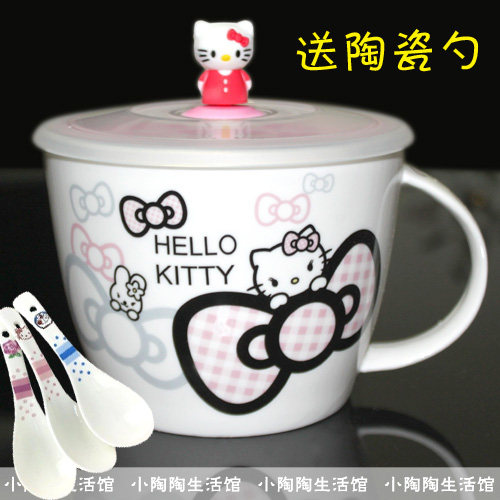 hello kitty大号包邮带手柄卡通泡面杯碗方便面碗陶瓷带盖微波炉