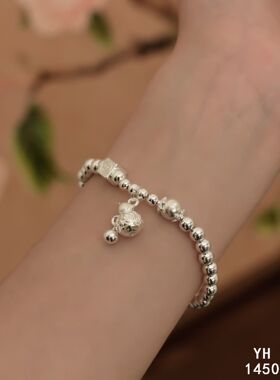 纯银福禄葫芦圆珠银手链/好运连连/岁岁平安雪花银傣家熟银食用银