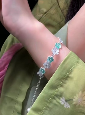 纯银拉丝珐琅彩花花手链/好运连连/吉祥美好雪花银傣家熟银食用银