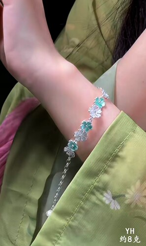 纯银拉丝珐琅彩花花手链/好运连连/吉祥美好雪花银傣家熟银食用银