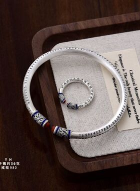 纯银心经手镯戒指珐琅彩心经对口手镯/吉祥美好/雪花银傣家熟银