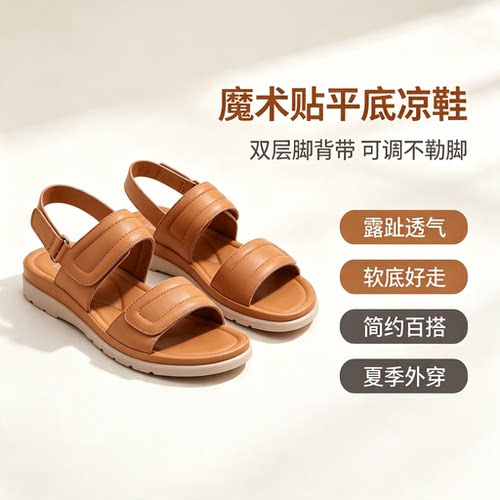 夏季女款平底魔术贴透气凉拖