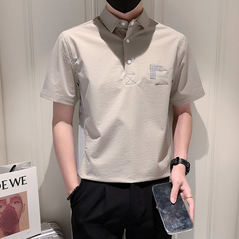 社会小伙特殊面料冰感条纹拼接修身短袖T恤polo衫PL302-P55,男装Polo衫,电商D246