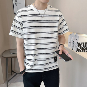 新面料轻奢冰丝男士设计感提花条纹短袖T恤半袖85159-P48图片