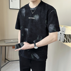 重磅提花轻奢男士设计感破洞潮牌扎染短袖T恤半袖T540-P48图片