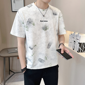 重磅提花轻奢男士设计感破洞潮牌扎染短袖T恤半袖T540-P48,冬天黑色短包裙搭配什么上衣图片