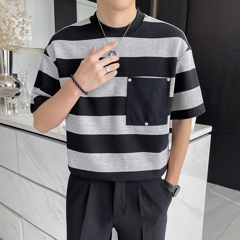 轻熟风抖音宽松版男士重磅300克条纹短袖T恤半袖T500-P50,男装T恤,电商D246