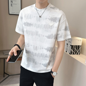新面料轻奢破洞男士设计感晕染短袖T恤半袖8503-P48图片