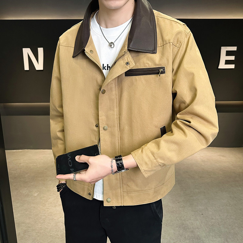 抖音  美式复古男士翻领撞色水洗工装夹克外套5509-P100图片