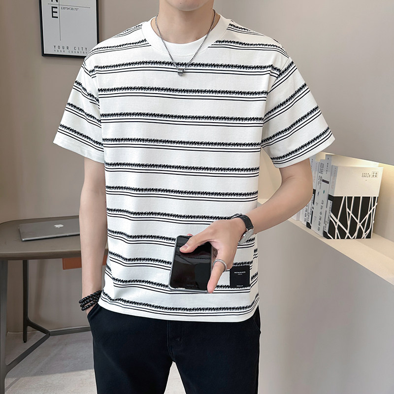 新面料轻奢冰丝男士设计感提花条纹短袖T恤半袖85159-P48,男装T恤,电商D246