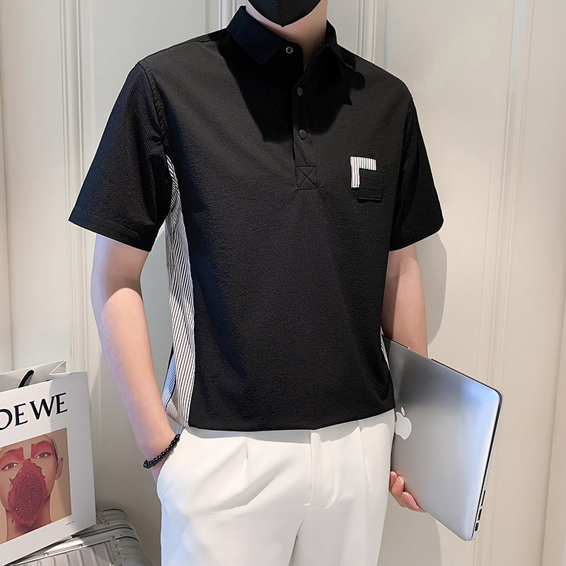 社会小伙特殊面料冰感条纹拼接修身短袖T恤polo衫PL302-P55,男装Polo衫,电商D246
