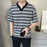 原版面料条纹男士高克重V领短袖T恤半袖T532-P48，男装T恤，电商D246