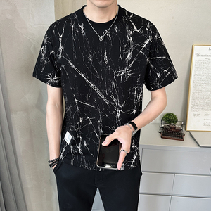 @店主扎染设计男士高克重圆领泼墨短袖T恤半袖85118-P48,黑色的时装套裙搭配什么颜色鞋子图片