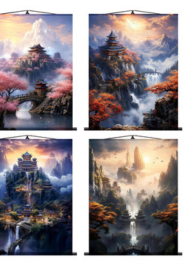 仙家风景画亭子小桥流水中国风挂画佛堂装饰东北堂屋客厅玄关画