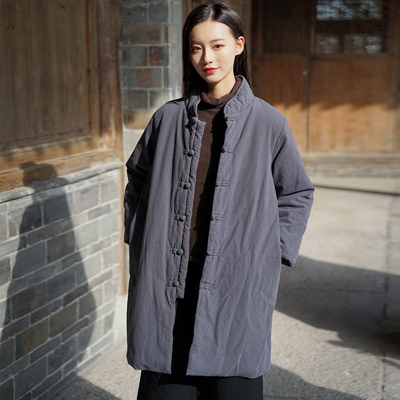 2025冬新款宽松复古立领盘扣亚麻中长款夹棉女式保暖棉衣棉服