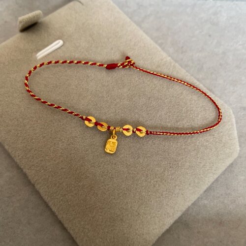 足金999黄金小福牌手工编织红绳