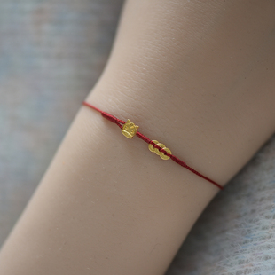 足金999生肖马黄金平安扣本命年纯手工编织极细红绳马年手链脚绳