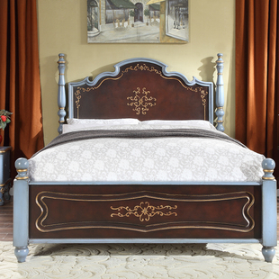 美式 复古彩绘小户型1.5米单人床套装 实木双人床1.8米主卧婚床欧式