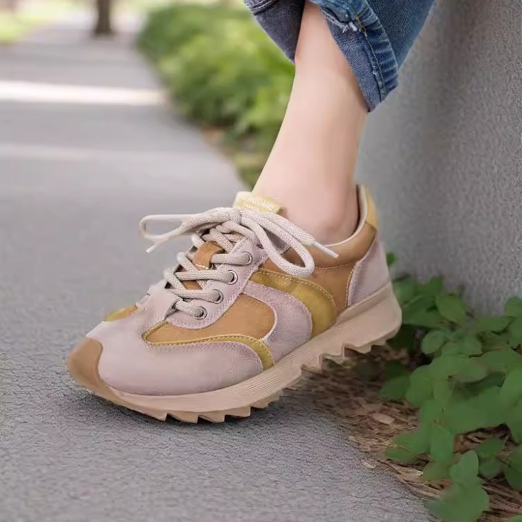 真皮复古拼色阿甘鞋女平底德训鞋