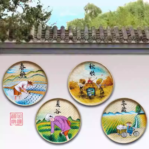 手绘簸箕画乡村振兴竹编挂画装饰