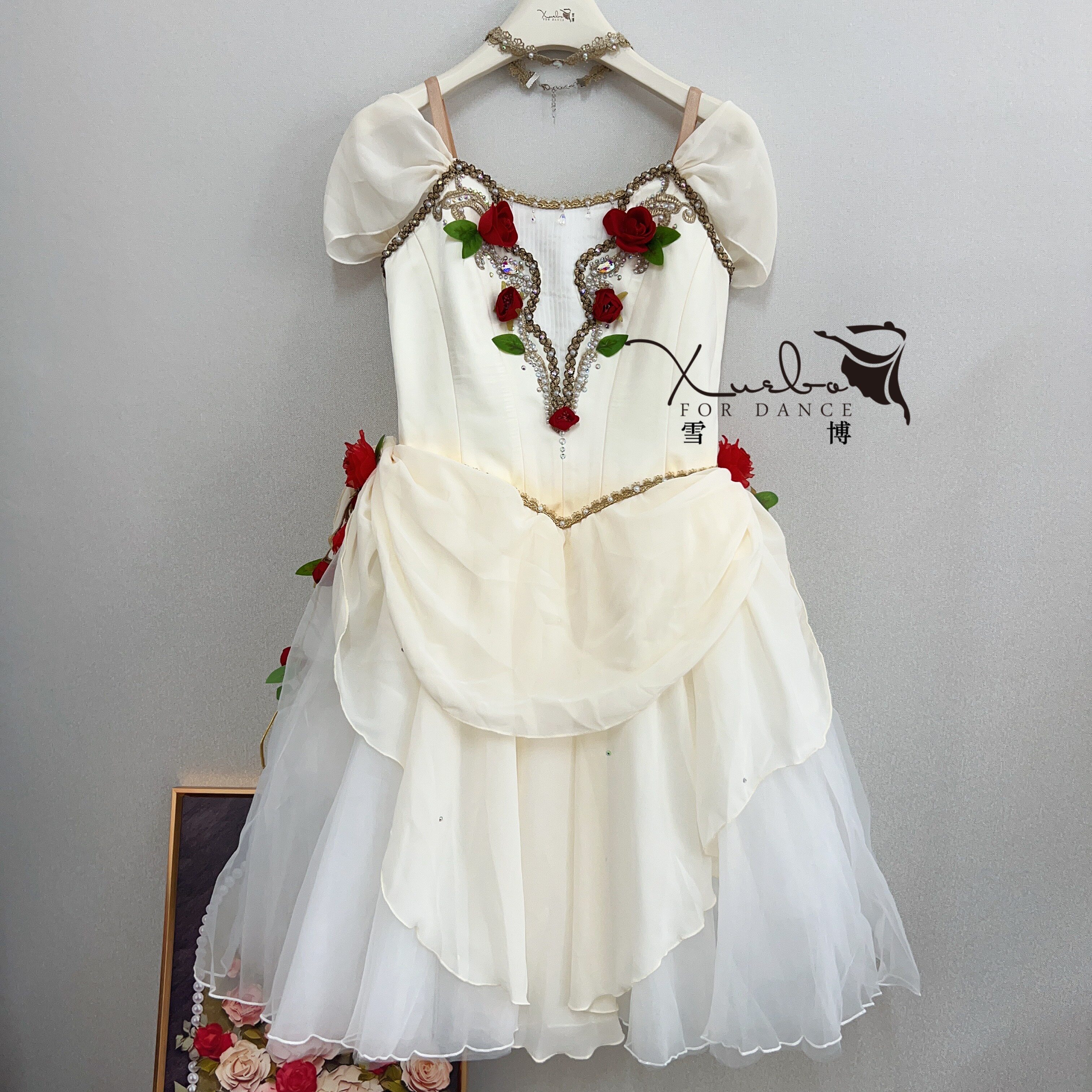 定制款花神女童芭蕾舞裙tutu裙玫瑰花刺绣表演比赛服定制长裙