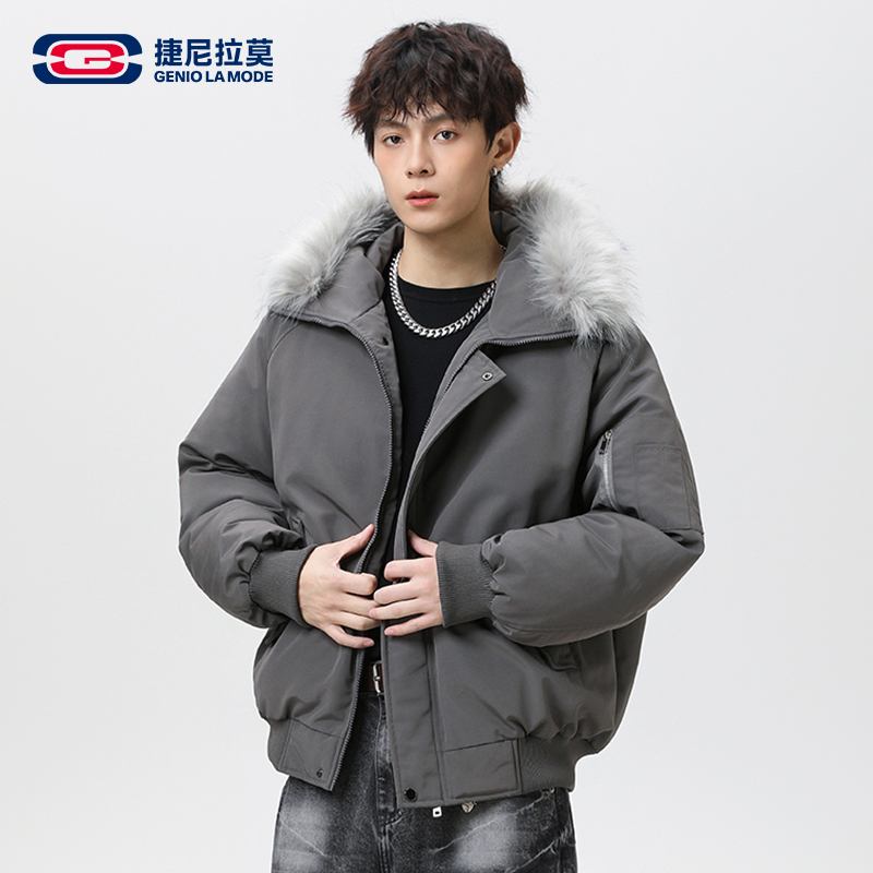 捷尼拉莫毛领连帽棉服男冬季新款工装派克棉衣男士深灰色加厚外套
