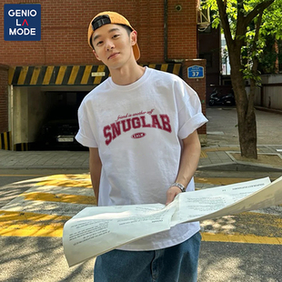GENIOLAMODE美式短袖男款2025新款宽松高级感字母痞帅220g重磅t恤