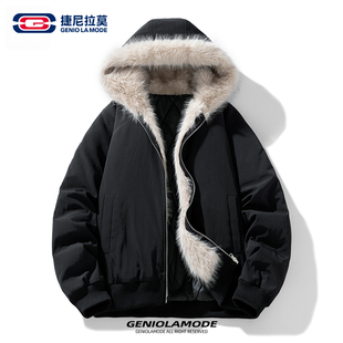 GENIOLAMODE美式高街毛领卫衣男女冬季加绒加厚座山雕派克服棉衣
