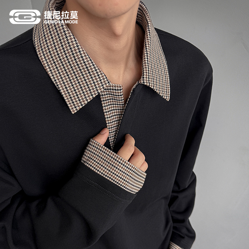 GENIOLAMODE千鸟格撞色POLO领卫衣男秋季老钱风翻领内搭长袖t恤衫