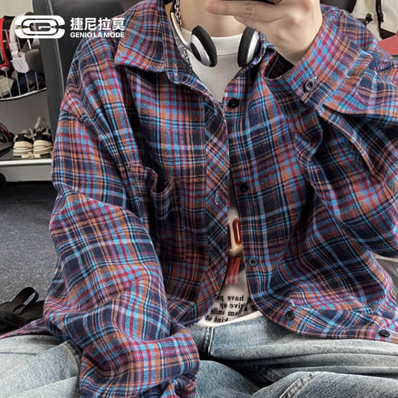 捷尼拉莫长袖衬衫男款2025秋季美式复古红色格子寸衫痞帅衬衣外套