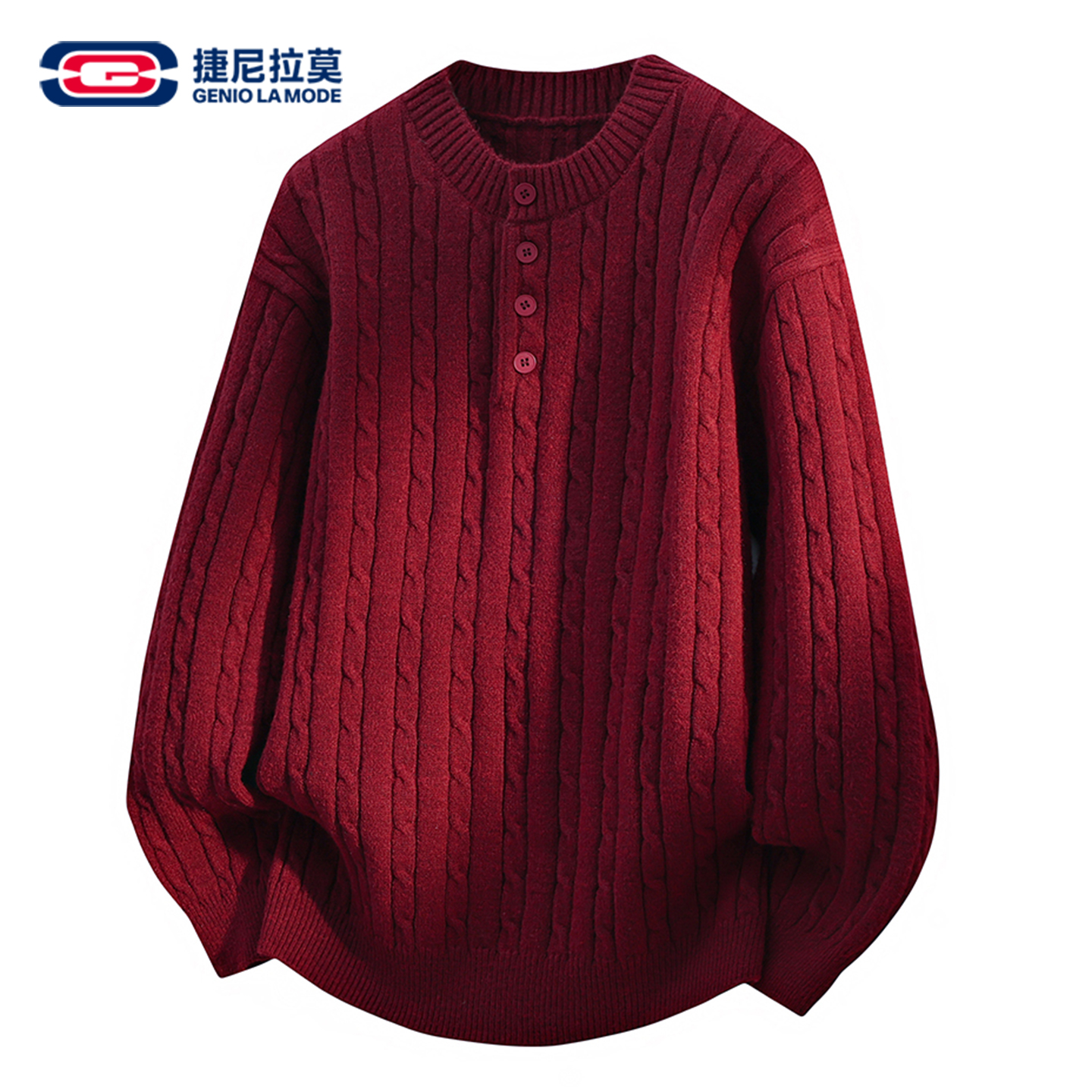 GENIOLAMODE红色针织衫男士本命年费尔岛毛衣韩系亨利领秋冬内搭