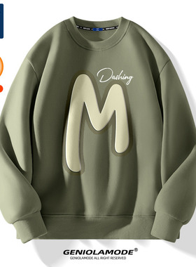 GENIOLAMODE圆领卫衣男款冬季无帽2025美式男生潮牌加绒外套上衣