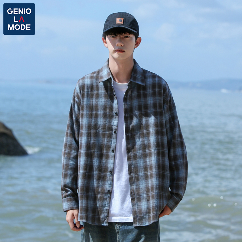 GENIOLAMODE格子衬衫男日系cityboy少年感休闲长袖衬衣早秋薄外套