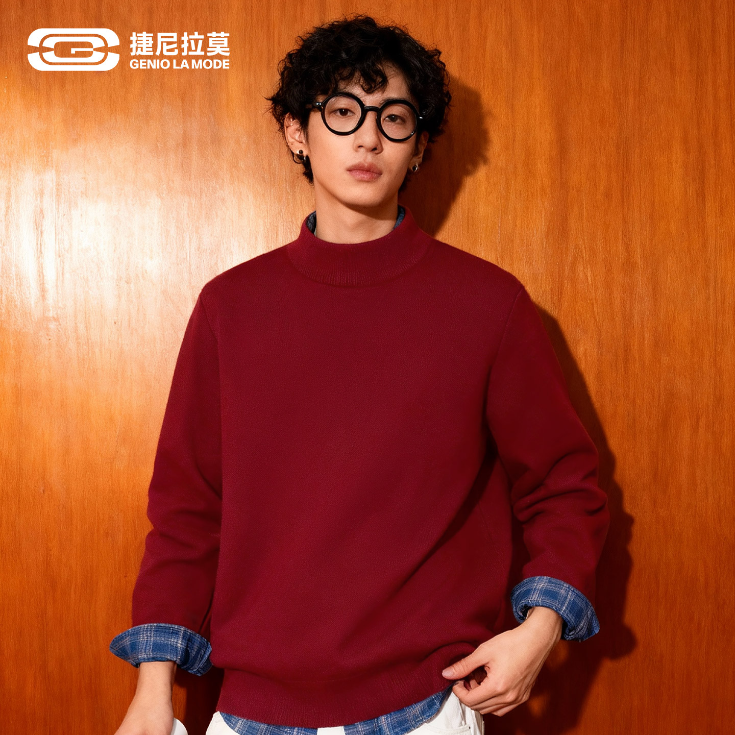 GENIOLAMODE半高领毛衣男冬季新年酒红色打底针织衫本命年毛衫男