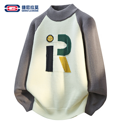GENIOLAMODE半高领毛衣男款秋冬撞色插肩百搭线衣青少年打底内搭
